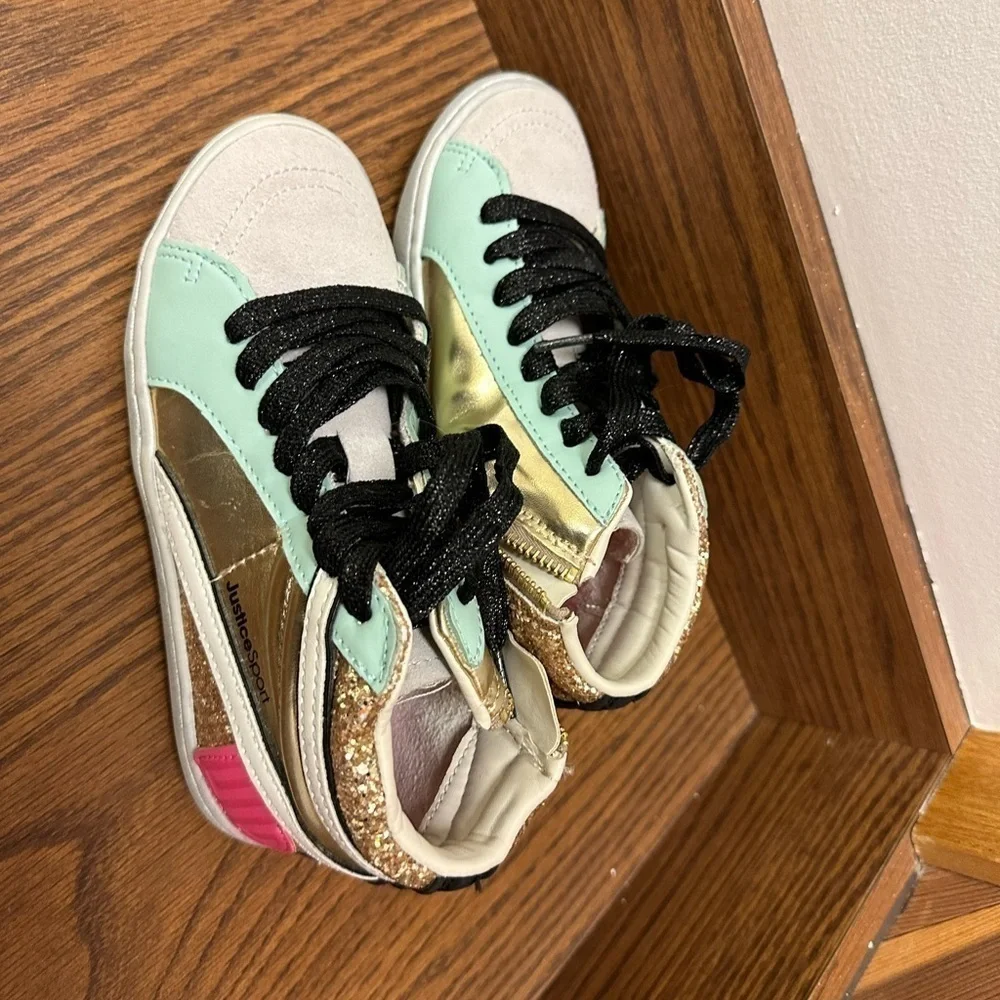 Justice sport girls metallic, gold, and blue high top sneakers size 1